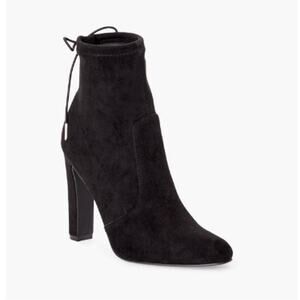 New JustFab Jesyna Ankle Boot Black Stretch Bootie High Heel Faux Suede Size 9